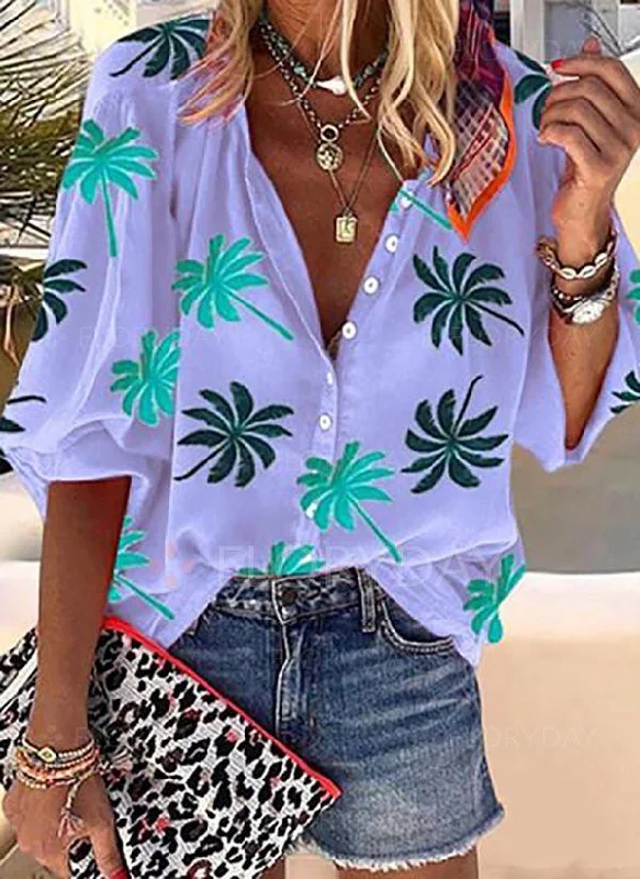 Romantic Summer Casual Loose Print Shirt Casual Slouchy Short Sleeve