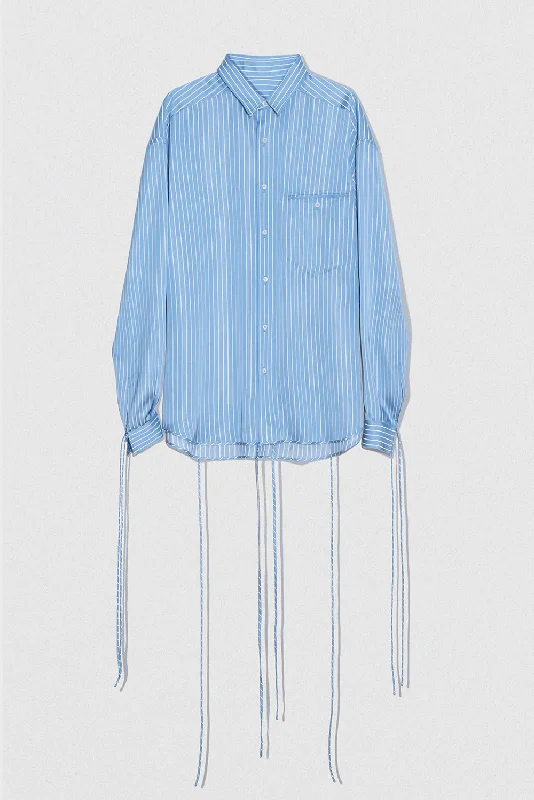 SATIN PIN STRIPE SHIRT BLUE AND WHITE VISCOSE BLEND Fashionable Button-Front Short Sleeve