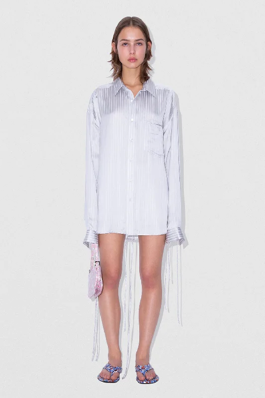 SATIN PIN STRIPE SHIRT GREY AND WHITE VISCOSE BLEND Soft Flowing Short Shirt