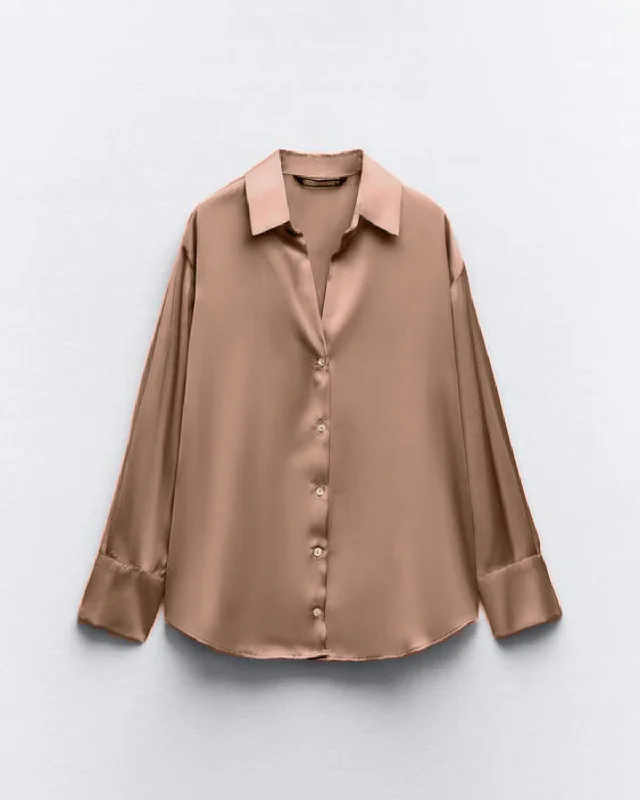 SOLID SATIN SHIRT Trendy Print Short Sleeve