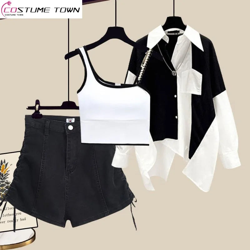 Korean Shirt Suspender Vest Denim Shorts Three-piece Set Comfortable Fit Short Shirt Korean Shirt Suspender Vest Denim Shorts Three-piece Set Comfortable Fit Short Shirt