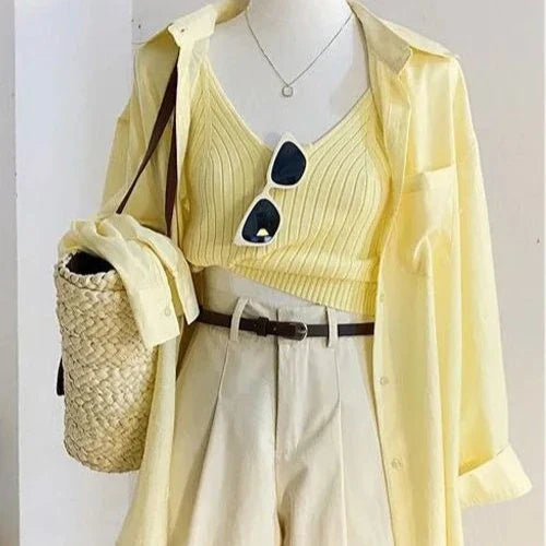 Women's Split Strap Sunscreen Shirt with Hanging Strap High Waist Shorts Set Relaxed Fit Short Blouse Women's Split Strap Sunscreen Shirt with Hanging Strap High Waist Shorts Set Relaxed Fit Short Blouse