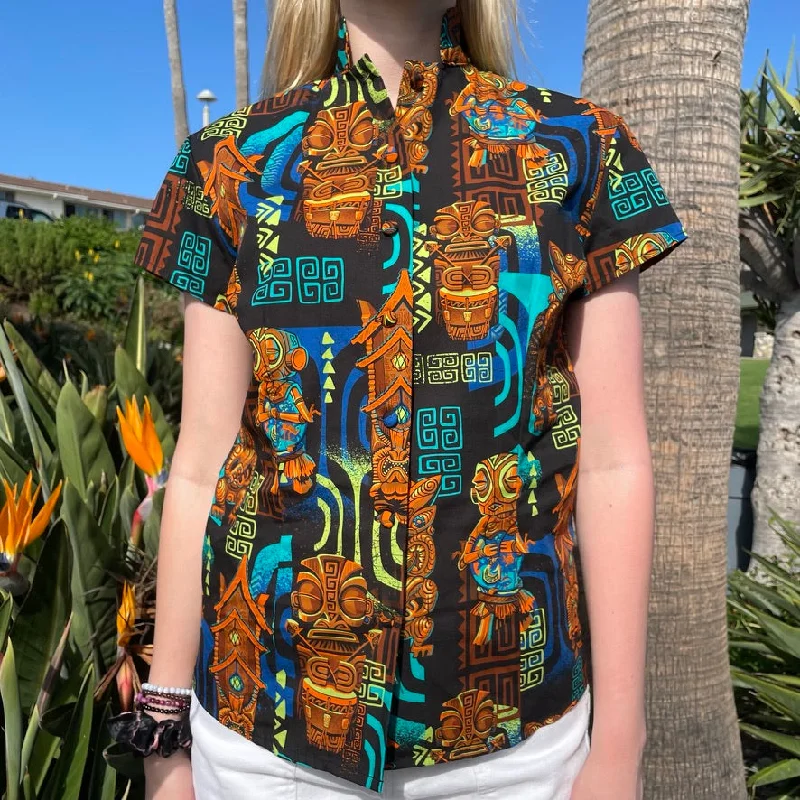 TikiLand Trading Co. 'The Four Tikis' - Classic Aloha Button Up-Shirt - Womens - by Doug Horne, BigToe, Atomikitty, Thor, Jeff Granito - Ready to Ship! Elegant Lace Short Sleeve