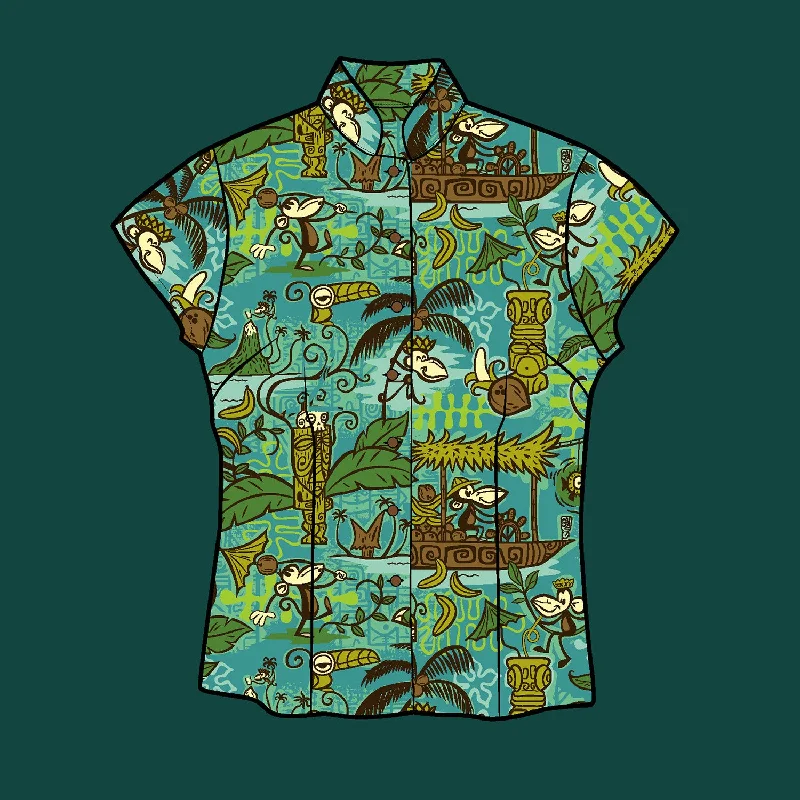 Tiki tOny's 'Beachcomber Monkey' Classic Aloha Button Up-Shirt - Womens - Ready to Ship Classic Casual Short Sleeve