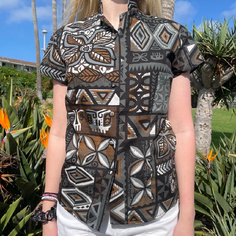 TikiLand Trading Co. X Jeff Granito 'Distant Drums Haleakalā' - Classic Aloha Button Up-Shirt - Womens - Ready to Ship! Stylish Casual Short Tee