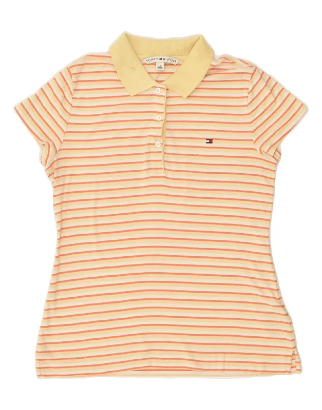 TOMMY HILFIGER Womens Polo Shirt UK 14 Large Beige Striped Cotton Comfortable Knit Short Shirt TOMMY HILFIGER Womens Polo Shirt UK 14 Large Beige Striped Cotton Comfortable Knit Short Shirt