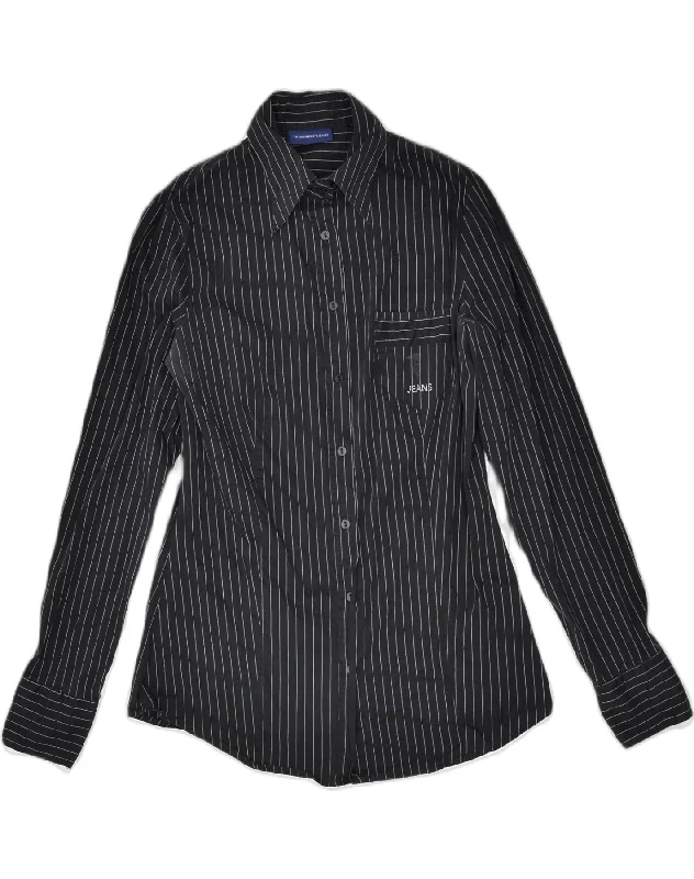 TRUSSARDI Womens Shirt UK 12 Medium Black Pinstripe Cotton Relaxed Cotton Short Blouse TRUSSARDI Womens Shirt UK 12 Medium Black Pinstripe Cotton Relaxed Cotton Short Blouse