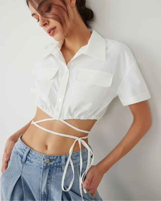 UTILITY POCKET CROP SHIRT Fashionable Pleated Short Shirt