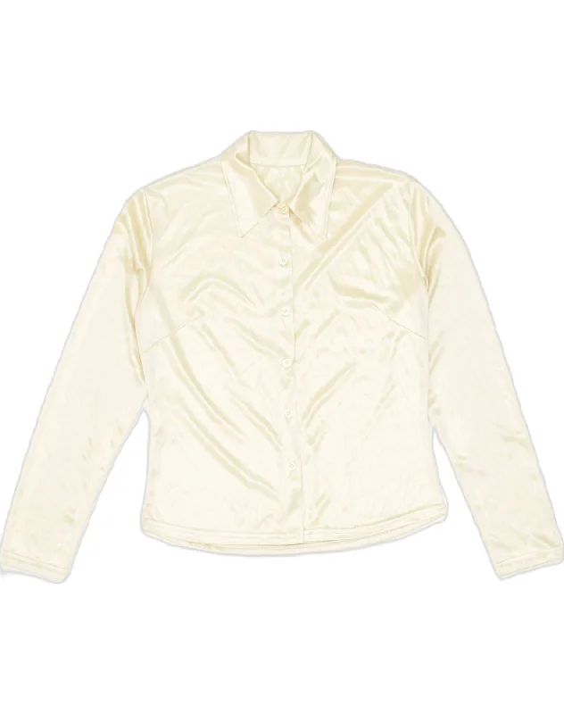 VINTAGE Womens Shirt Blouse UK 14 Medium Off White Polyester Fashionable Pleated Short Shirt VINTAGE Womens Shirt Blouse UK 14 Medium Off White Polyester Fashionable Pleated Short Shirt