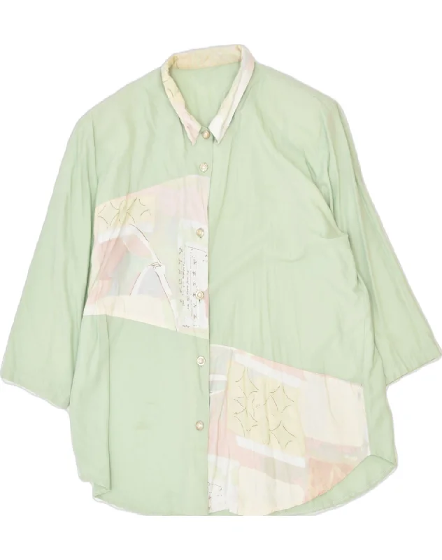 VINTAGE Womens Shirt Blouse UK 18 XL Green Colourblock Viscose Stylish Pleated Short Sleeve VINTAGE Womens Shirt Blouse UK 18 XL Green Colourblock Viscose Stylish Pleated Short Sleeve