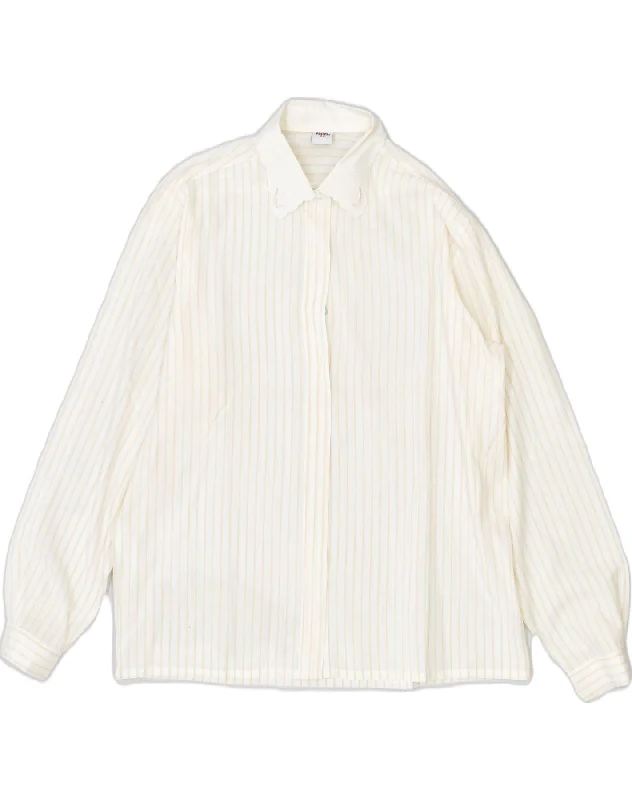 VINTAGE Womens Shirt EU 38 Medium Off White Striped Polyester Elegant Draped Short Shirt VINTAGE Womens Shirt EU 38 Medium Off White Striped Polyester Elegant Draped Short Shirt