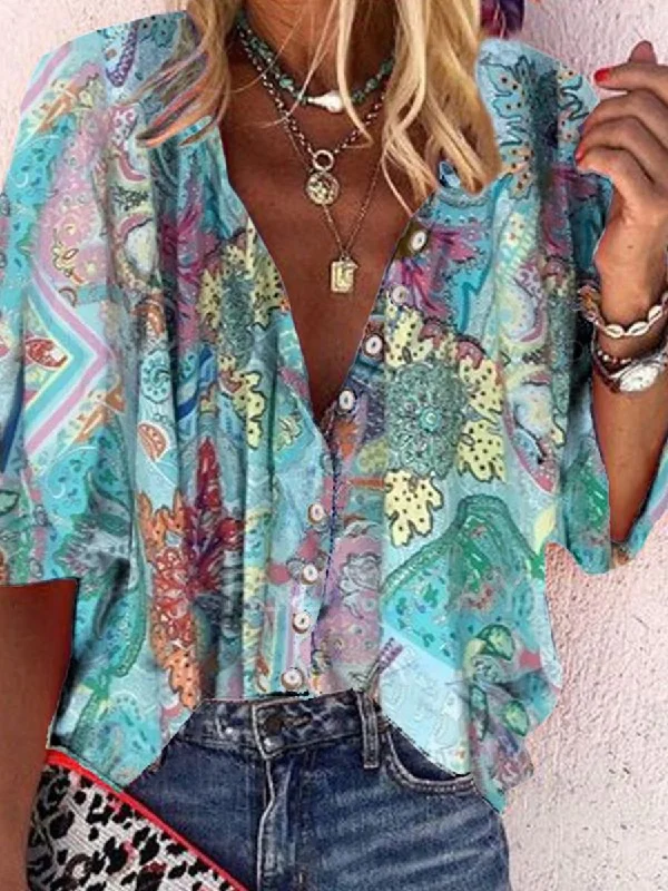 Vintage Bohemian Casual Loose Floral Print Shirt Elegant Lace Short Sleeve