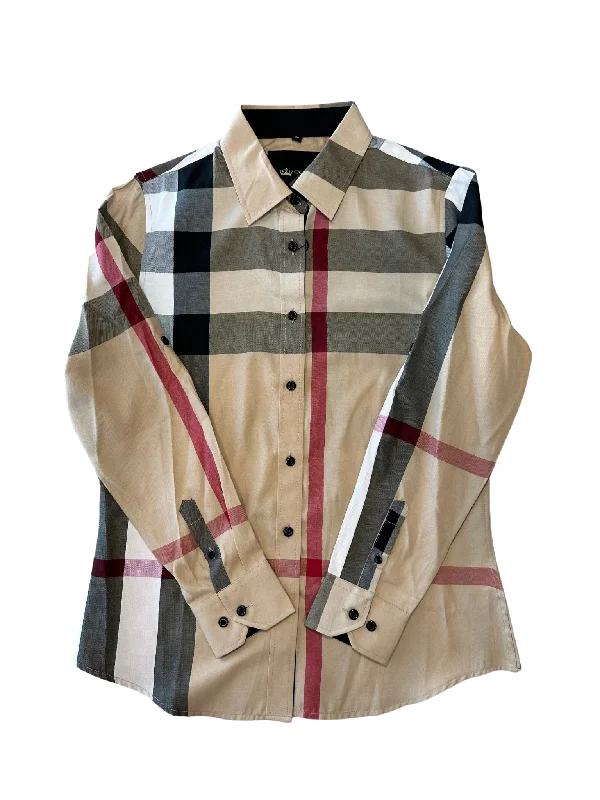 Women's Plaid Button Down Shirt - Tan Comfortable Knit Short Shirt