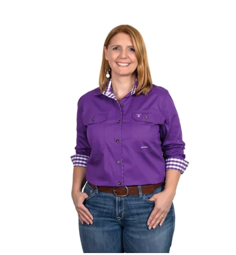 WWLS2374 Just Country Women's Abbey Workshirt Purple And Check Fashionable Short Sleeve Vest