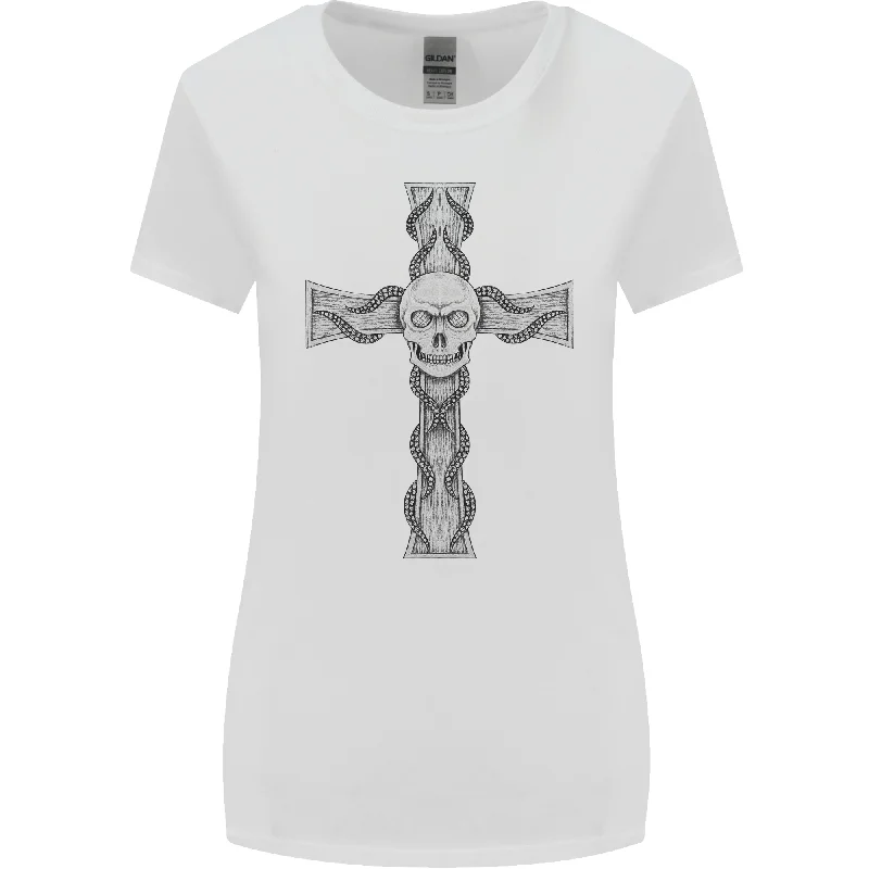 A Gothic Skull and Tentacles on a Cross Womens Wider Cut T-Shirt Chenille Blend Fleece Blend Nylon Blend