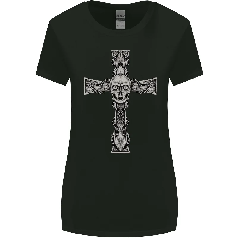 A Gothic Skull and Tentacles on a Cross Womens Wider Cut T-Shirt Solid Color Striped Floral