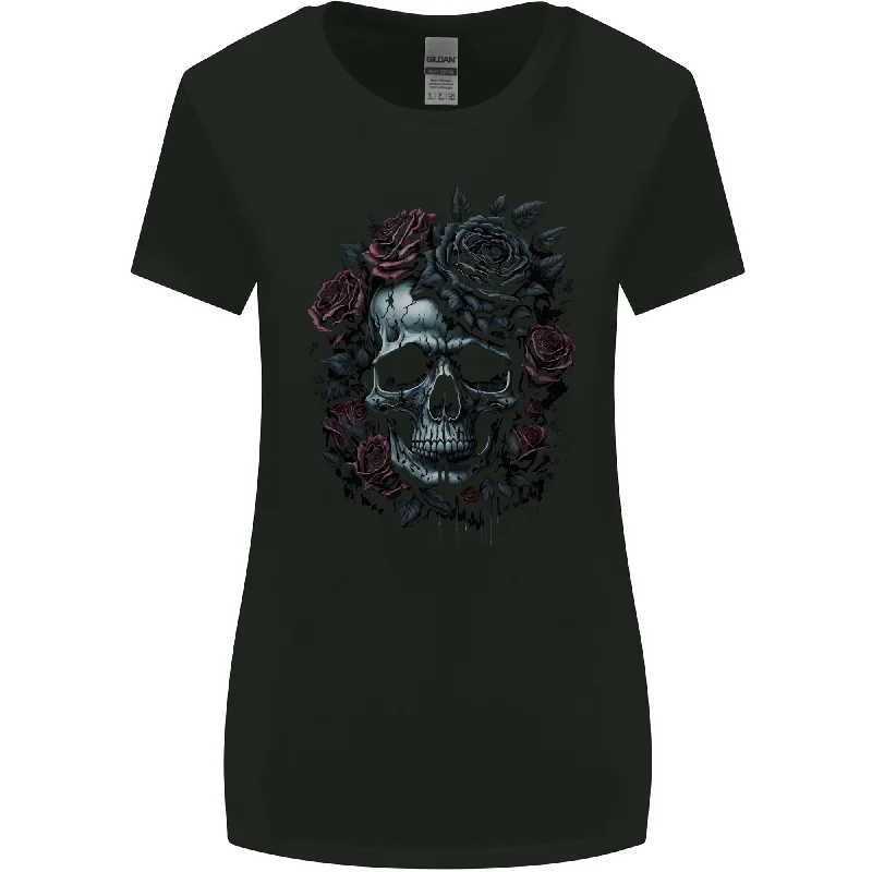 A Gothic Skull With Flowers Roses Goth Womens Wider Cut T-Shirt Zippered Front Buttoned Front Snap Front