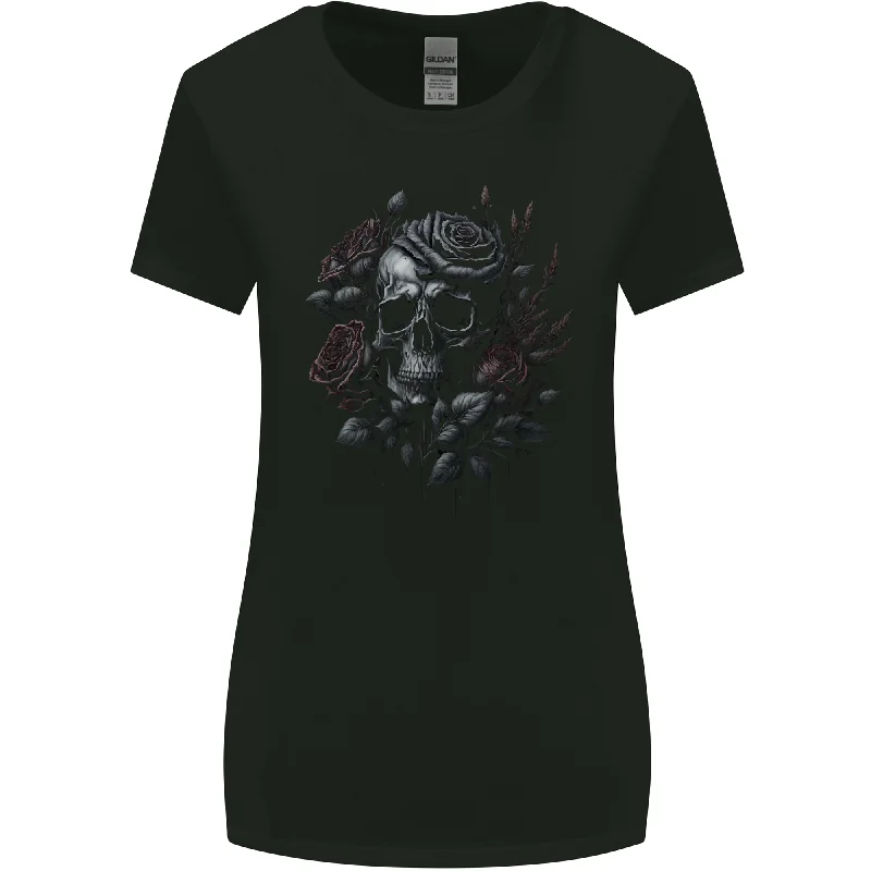 A Gothic Skull With Flowers Roses Womens Wider Cut T-Shirt Satin Fabric Silk Fabric Chiffon Fabric