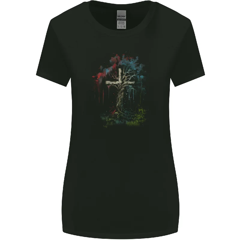 A Gothic Tree as a Christian Cross Womens Wider Cut T-Shirt Spandex Blend Rayon Blend Denim Blend