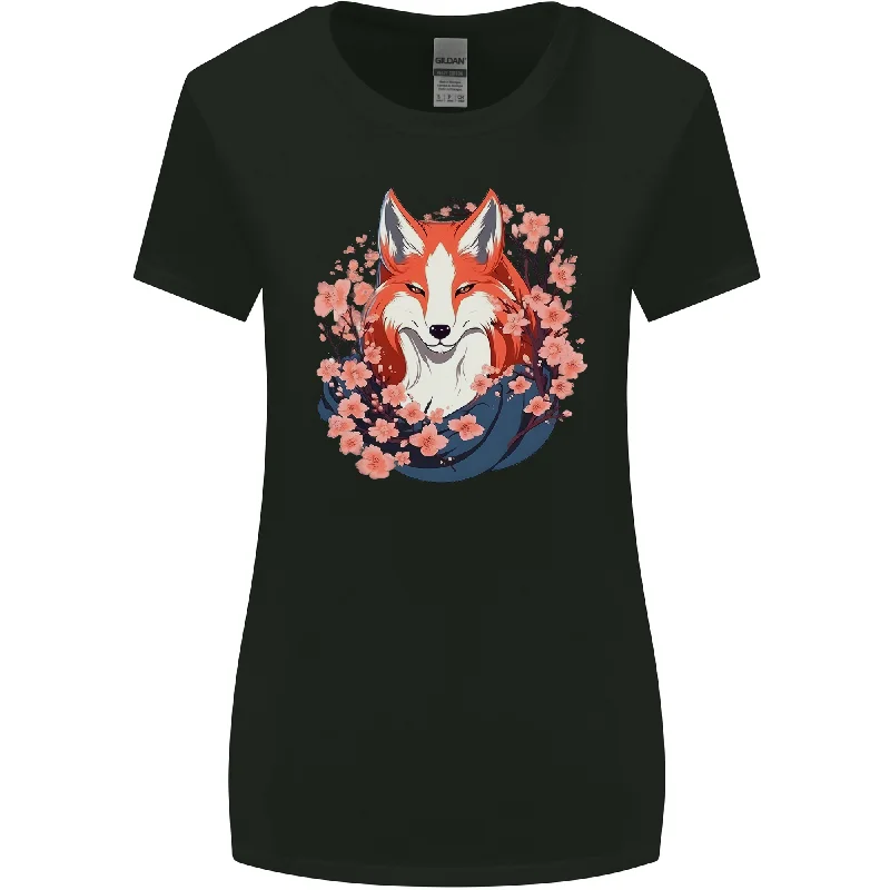 A Japanese Kitsune With Flowers Fox Womens Wider Cut T-Shirt Basic T-Shirt Crew Neck Short Sleeve