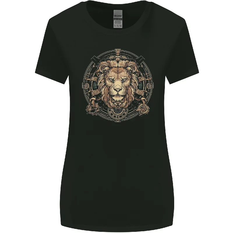 A Lions Head on a Timepiece Shield Womens Wider Cut T-Shirt Denim Fabric Leather Fabric Suede Fabric