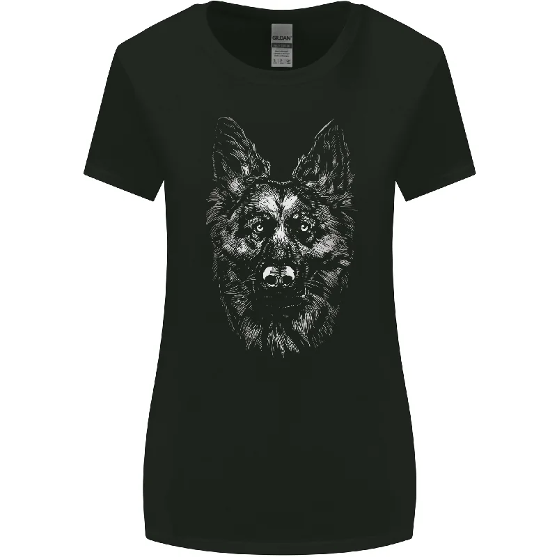 A Monochrome German Shepherd Alsatian Dog Womens Wider Cut T-Shirt Basic T-Shirt Crew Neck Short Sleeve