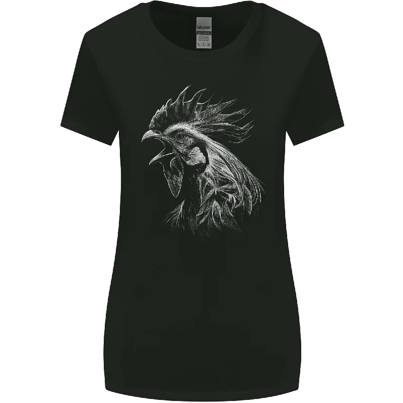 A Monochrome Rooster Farmer Farming Womens Wider Cut T-Shirt Boxy Fit Fitted Loose