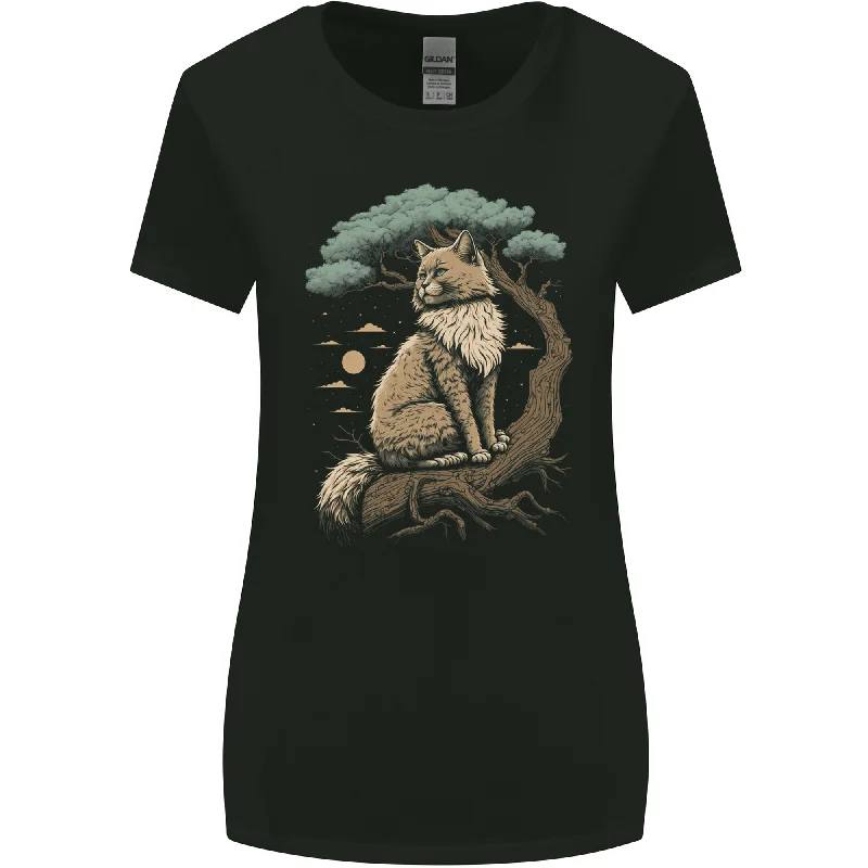 A Moon Cat Sitting on a Tree Fantasy Womens Wider Cut T-Shirt Iron Safe Non-Iron Wrinkle Free