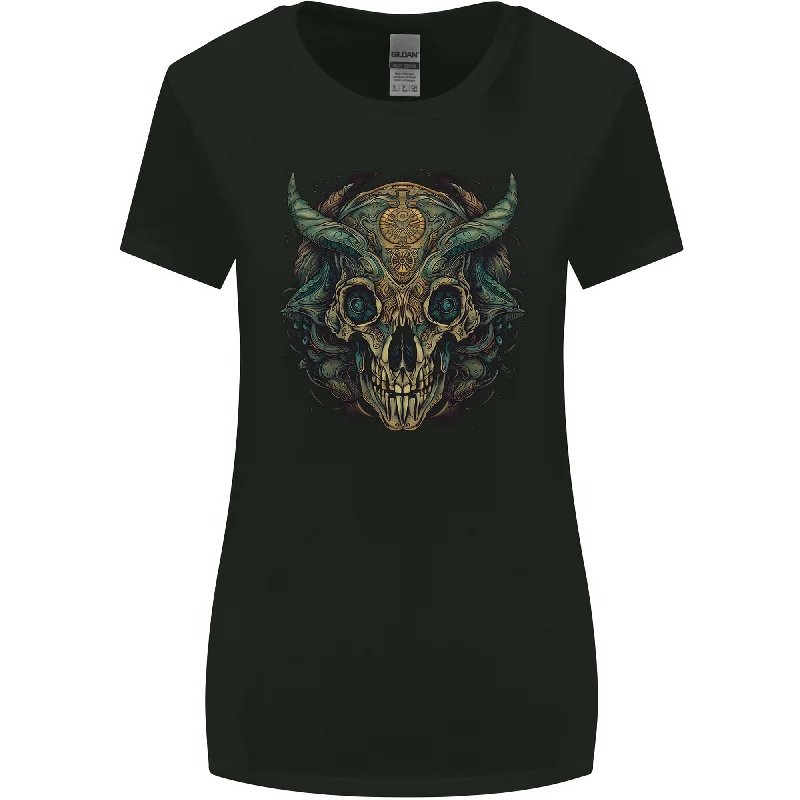 A Mystical Bull Skull Demonic Evil Fantasy Womens Wider Cut T-Shirt Rayon Velvet Corduroy