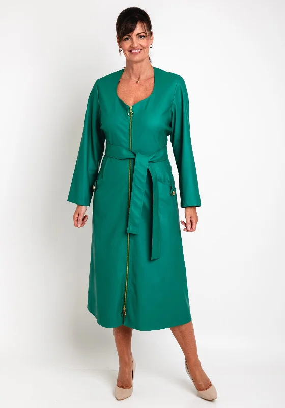 Camelot Faux Leather, Belted Waist Midi Dress, Green Elegant Pleated Sleeve Midi Dress Camelot Faux Leather, Belted Waist Midi Dress, Green Elegant Pleated Sleeve Midi Dress