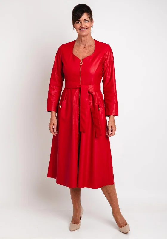 Camelot Faux Leather, Belted Waist Midi Dress, Red Fashionable Sheer Sleeve Midi Dress Camelot Faux Leather, Belted Waist Midi Dress, Red Fashionable Sheer Sleeve Midi Dress