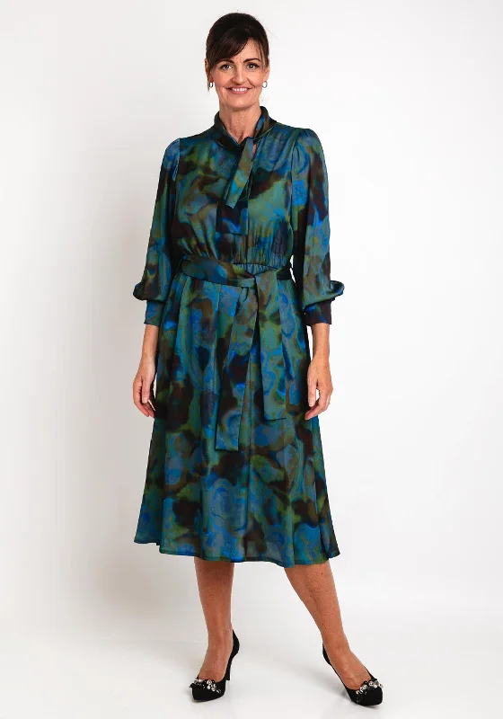Camelot Scarf Neck Watercolour Inspired Satin Midi Dress, Green Comfortable Ruched Midi Dress Camelot Scarf Neck Watercolour Inspired Satin Midi Dress, Green Comfortable Ruched Midi Dress