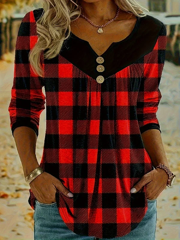 Casual Plaid Print Notch Neck Long Sleeve Button T-Shirt Real Fur Shearling Chenille Casual Plaid Print Notch Neck Long Sleeve Button T-Shirt Real Fur Shearling Chenille