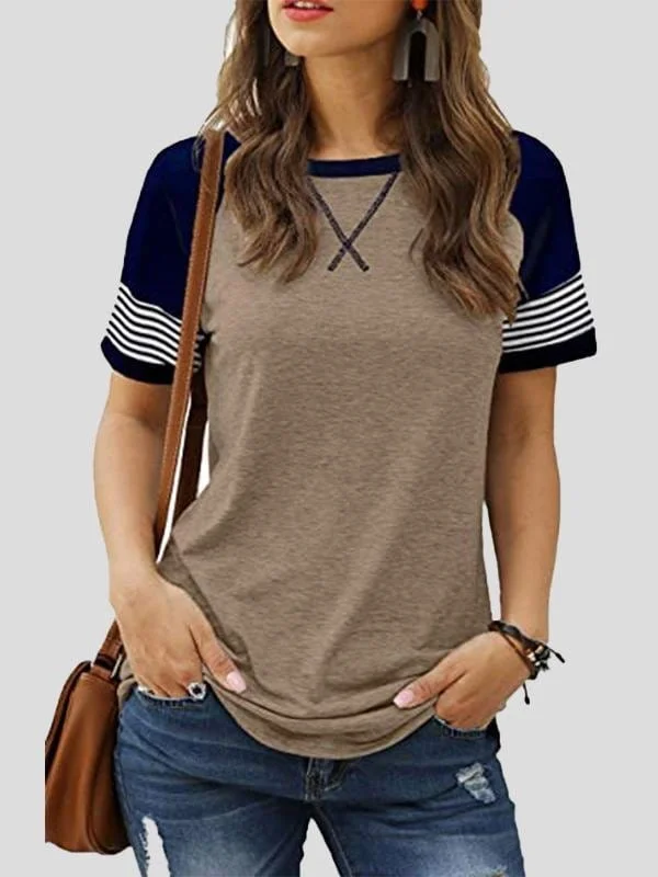 Casual Splicing Faded Short-sleeved Ladies T-shirt Notch Collar Peter Pan Collar Cowl Neck Casual Splicing Faded Short-sleeved Ladies T-shirt Notch Collar Peter Pan Collar Cowl Neck