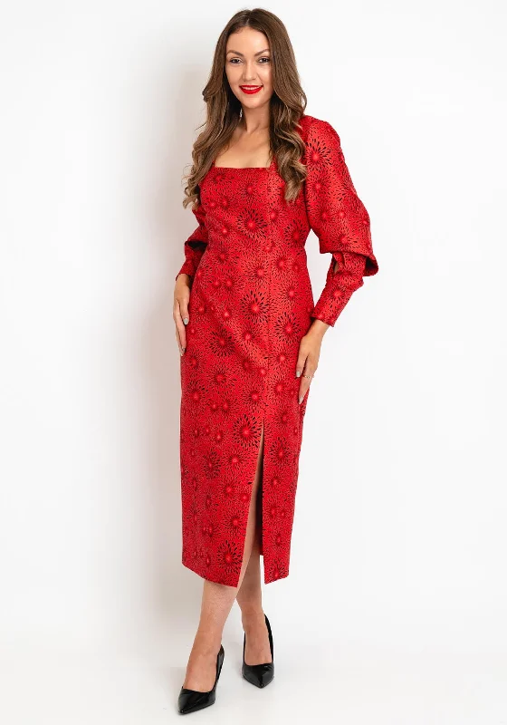 Exquise Square Neck Floral Midi Dress, Red Comfortable Knitwear Midi Dress