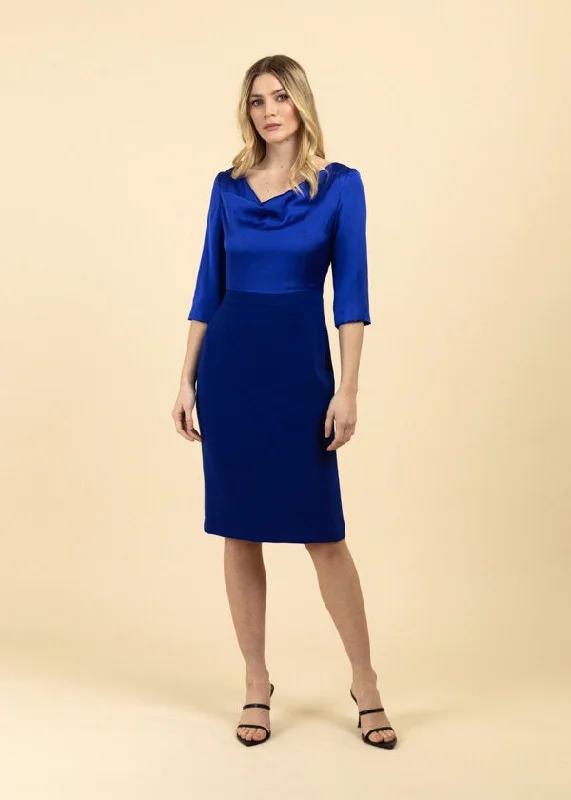 Fee G Sylvie Drape Neck Contrasting Pencil Midi Dress, Blue Comfortable Ruched Midi Dress Fee G Sylvie Drape Neck Contrasting Pencil Midi Dress, Blue Comfortable Ruched Midi Dress
