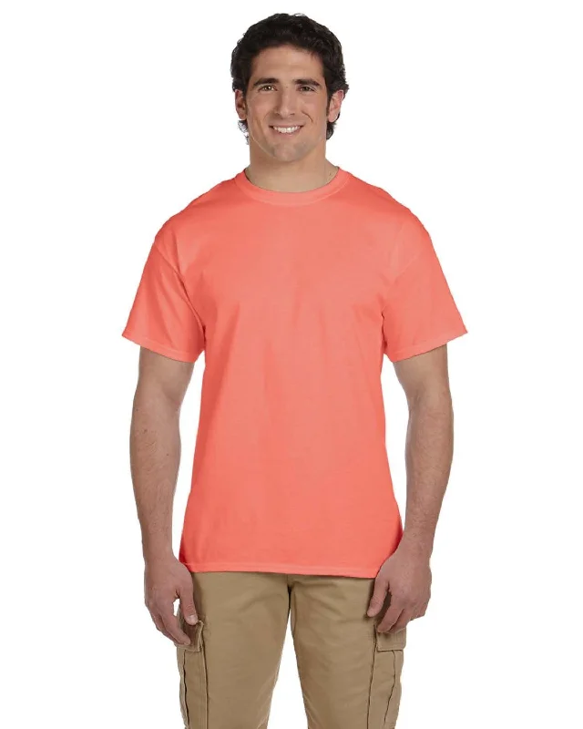 Fruit of the Loom 100% Cotton T-Shirt | Retro Hth Coral Collared Crew Neck Turtle Neck