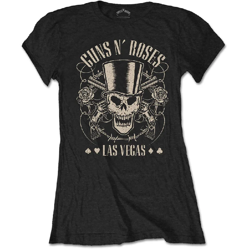 Guns N' Roses Ladies T-Shirt: Top Hat, Skull & Pistols Las Vegas Notch Collar Peter Pan Collar Cowl Neck Guns N' Roses Ladies T-Shirt: Top Hat, Skull & Pistols Las Vegas Notch Collar Peter Pan Collar Cowl Neck