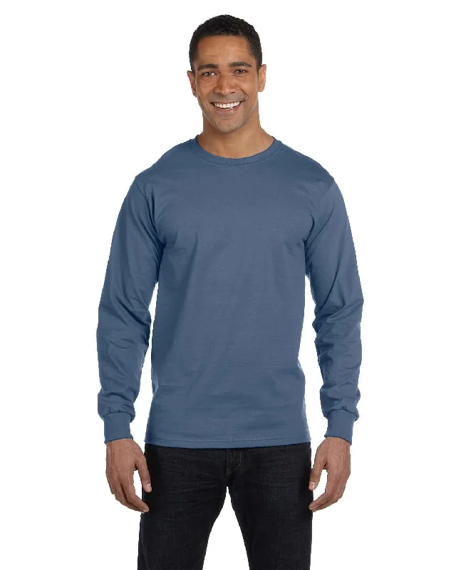 Hanes Long Sleeve Beefy-T T-Shirt | Denim Blue Collared Crew Neck Turtle Neck