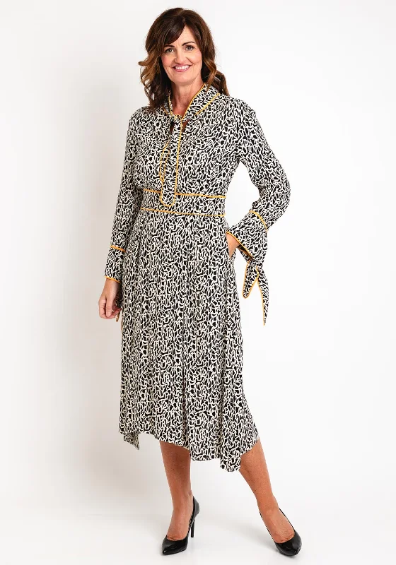 Kameya Scarf Neckline, Abstract Print Midi Dress, Black & White Fashionable Pleated Midi Dress Kameya Scarf Neckline, Abstract Print Midi Dress, Black & White Fashionable Pleated Midi Dress