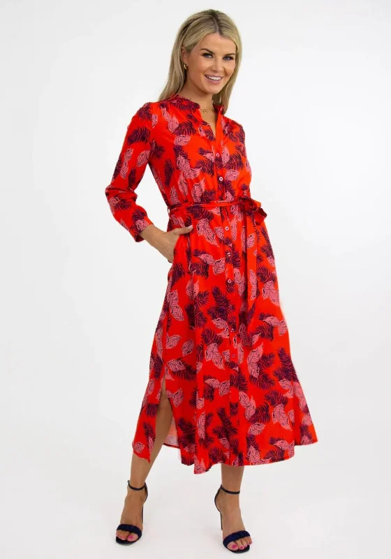 Kate & Pippa Capri Leaf Print Midi Dress, Orange Multi Comfortable Fit-and-Flare Midi Dress Kate & Pippa Capri Leaf Print Midi Dress, Orange Multi Comfortable Fit-and-Flare Midi Dress