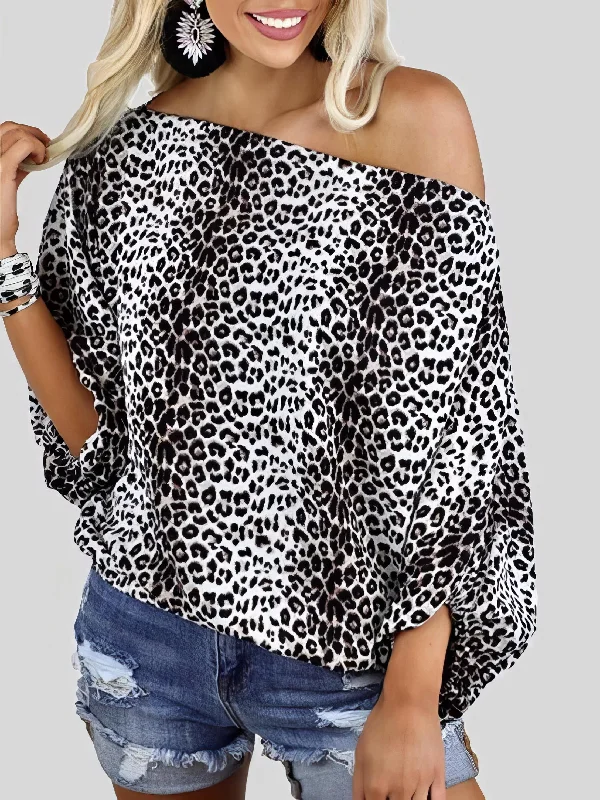 Leopard Print Oblique Collar Off Shoulder Long Sleeve Casual T-Shirt Ribbed T-Shirt High Neck Heavyweight Leopard Print Oblique Collar Off Shoulder Long Sleeve Casual T-Shirt Ribbed T-Shirt High Neck Heavyweight