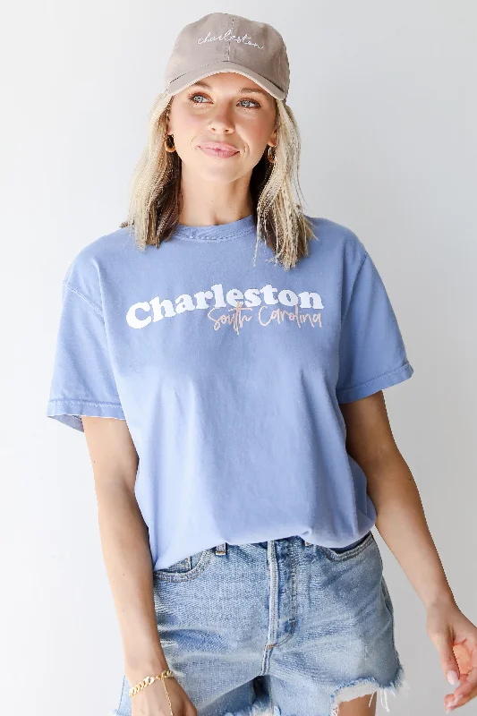 Light Blue Charleston South Carolina Script Tee Basic T-Shirt Crew Neck Short Sleeve