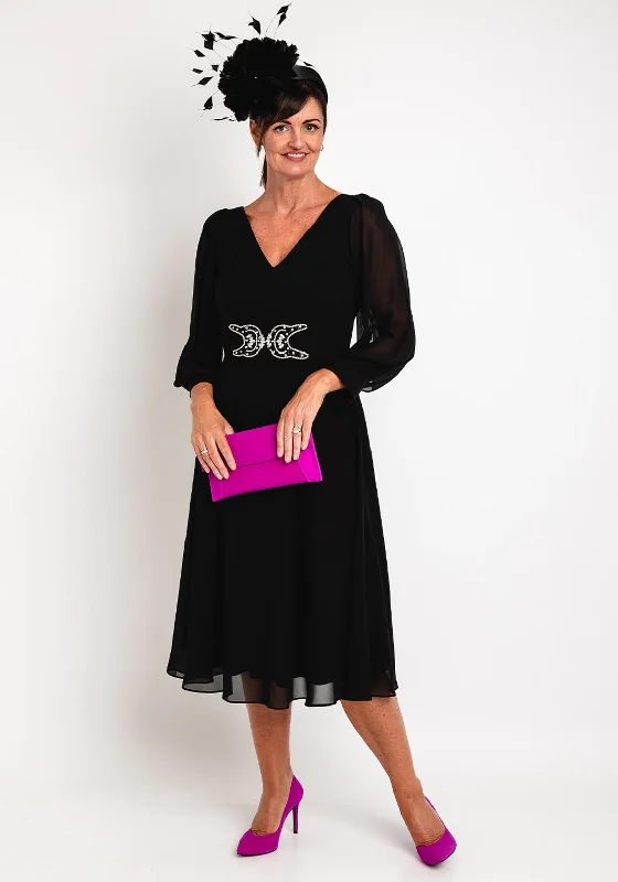 Lizabella Sheer Sleeve Embellished Waist Midi Dress, Black Stylish Pleated Skirt Midi Dress Lizabella Sheer Sleeve Embellished Waist Midi Dress, Black Stylish Pleated Skirt Midi Dress