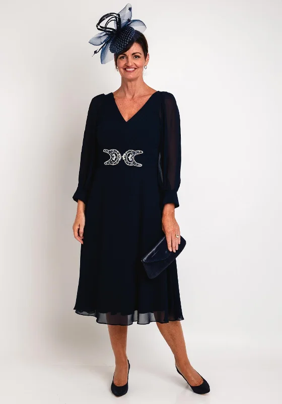 Lizabella Sheer Sleeve Embellished Waist Midi Dress, Navy Elegant Puff Sleeve Midi Dress Lizabella Sheer Sleeve Embellished Waist Midi Dress, Navy Elegant Puff Sleeve Midi Dress