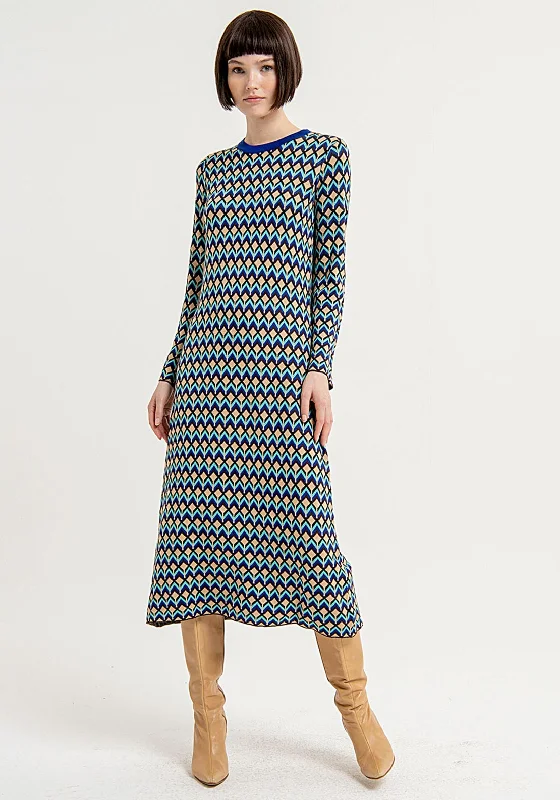 Surkana Abstract Print Knit A-line Midi Dress, Blue Fashionable Chiffon Midi Dress