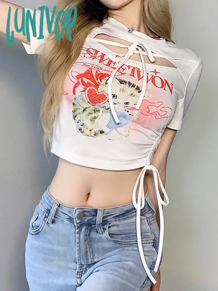 Lunivop Women's Hollow Crop Top Kawaii Cat Print T-shirt Short Sleeve Streetwear Harajuku y2k Top Egirl Graphic Tee Summer Print Jacquard Patchwork