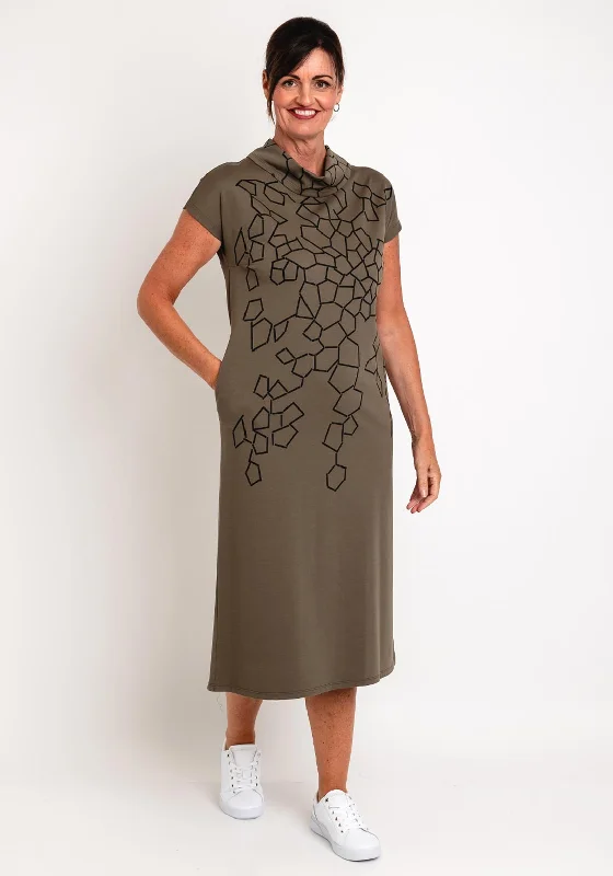 Naya High Neck Geometric Pattern Midi Dress, Black & Khaki Comfortable Ribbed Midi Dress Naya High Neck Geometric Pattern Midi Dress, Black & Khaki Comfortable Ribbed Midi Dress