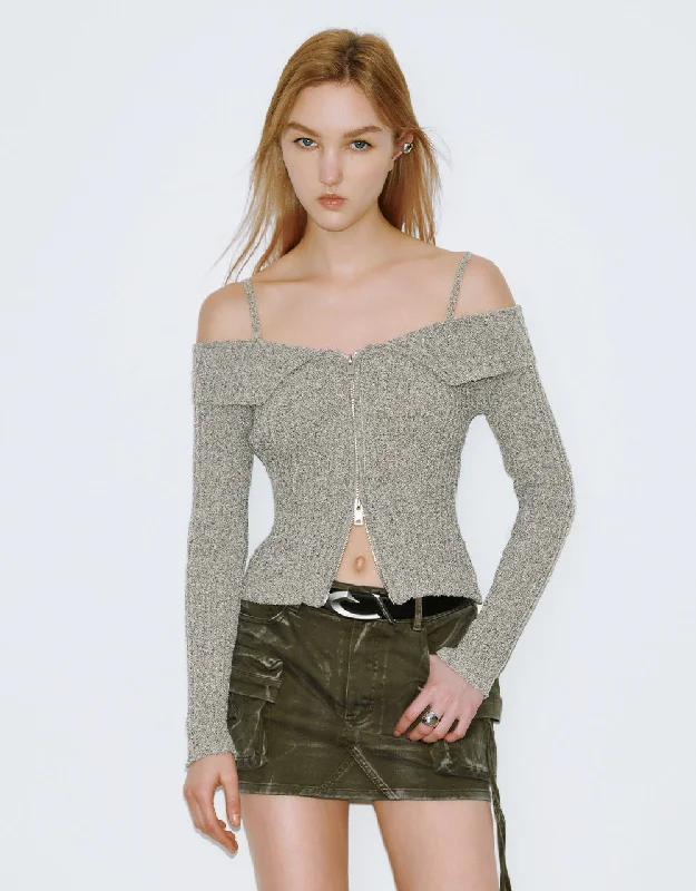 Off-Shoulder Zipper Front Knitted T-Shirt Modern Contemporary Chic