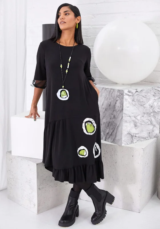 Ora Circle Print Frill Hem Jersey Midi Dress, Black Stylish Color Block Midi Dress